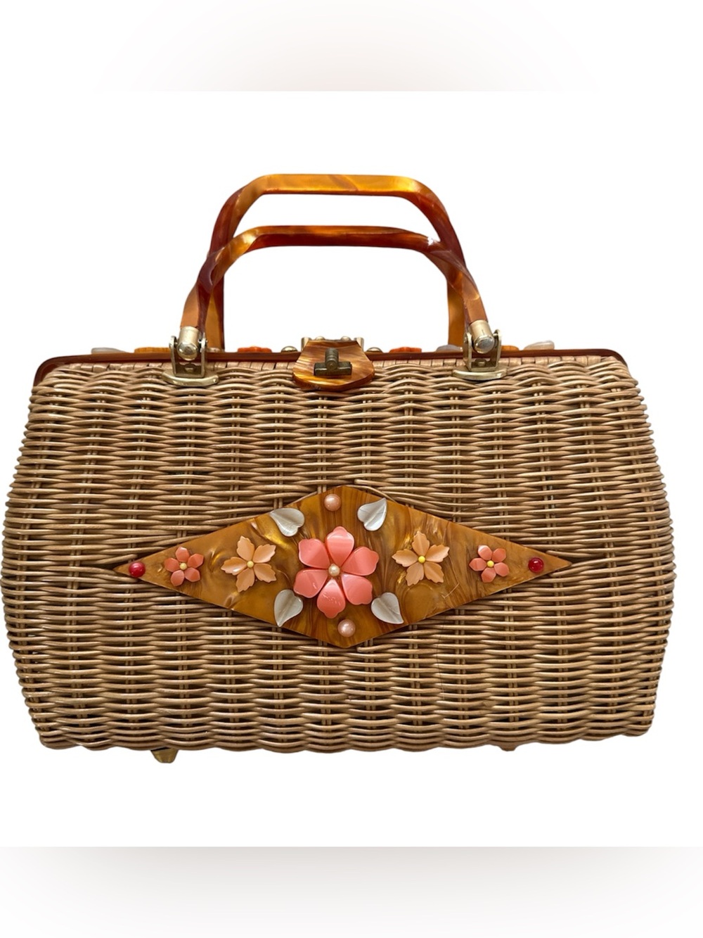 Tropica 50’s 60’s lucite woven wicker floral embellished satchel coastal granny